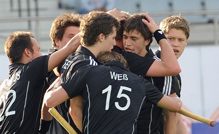 German hockey players celebrate a goal against Canada during their World Cup 2010 match at the Major Dhyan Chand Stadium in New Delhi. (AFP Photo) Germany rout Canada
