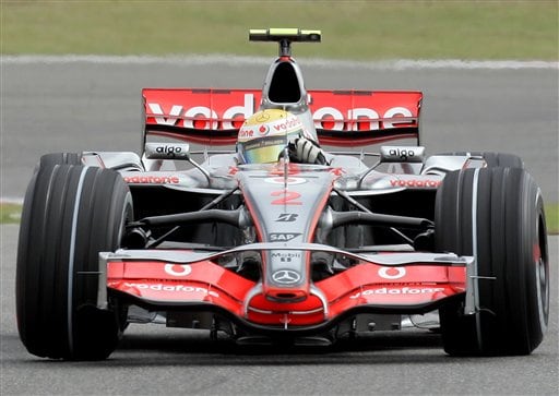 Hamilton steers his McLaren-Mercedes during the practice session. Hamilton awaits verdict