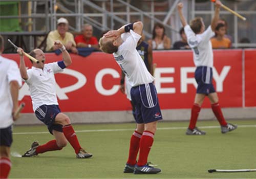 Great Britain's players (from left) Ben Hawes, Glenn Kirkham and Barry Middleton celebrate after beating India in the final game of hockey Olympic qualifiers in Santiago on Sunday. India lose hockey qualifier