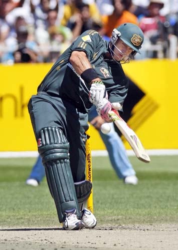 Matthew Hayden from Australia hits a boundary during the one-day international cricket match against India at the Melbourne Cricket Ground on Sunday, February 10, 2008. 4th Match: India vs Australia