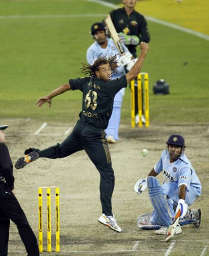 Andrew Symonds is hit for four off Rohit Sharma during their one-day international cricket match at the Melbourne Cricket Ground on Sunday, February 10, 2008. 4th Match: India vs Australia
