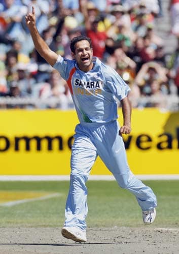 Irfan Pathan celebrates the wicket of Michael Clarke from Australia during their one-day international cricket match at the Melbourne Cricket Ground on Sunday, February 10, 2008. 4th Match: India vs Australia
