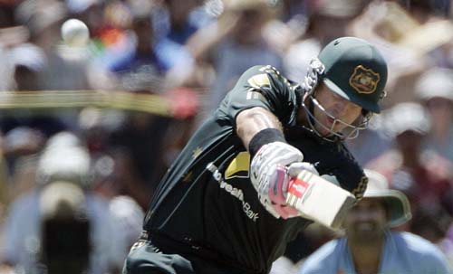 Matthew Hayden hits a six off Munaf Patel in their one-day international cricket match at the Adelaide Oval on Sunday, February 17, 2008. 7th Match: India vs Australia