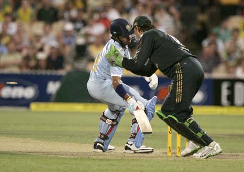 Adam Gilchrist, right, stumps Shanthakumaran Sreesanth, left, for 1 run in their one-day international cricket match at the Adelaide Oval on Sunday, February 17, 2008. Australia made 203 in their innings. 7th Match: India vs Australia