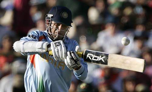 Irfan Pathan drives the ball against Australia in their one-day international cricket match at the Adelaide Oval on Sunday, February 17, 2008. Australia made 203 in their innings. 7th Match: India vs Australia