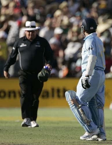 Sachin Tendulkar, right, looks toward umpire Peter Parker after Parker judged Tendulkar LBW off Nathan Bracken in their one-day international match at the Adelaide Oval on Sunday, February 17, 2008. Australia made 203 in their innings. 7th Match: India vs Australia