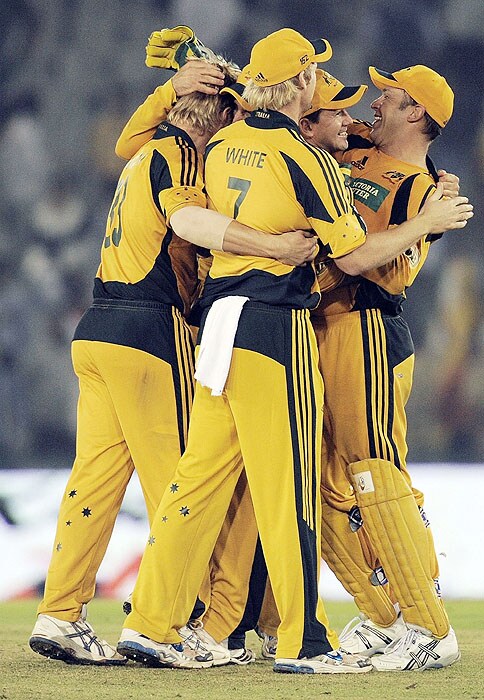 Australian cricketers celebrate after defeating India in the fourth One-Day International match at the Punjab Cricket Association(PCA) Stadium in Mohali on Monday, November 2, 2009. Australia beat India by 24 runs, with the seven-match ODI series now leveled at 2-2. (AFP Photo) Australia bounce back against India