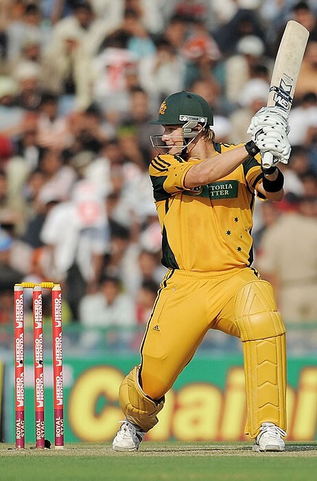 Australia's Shane Watson plays a shot during the fourth ODI match at Mohali on Tuesday. (AFP Photo) Australia bounce back against India