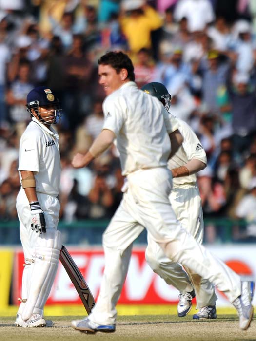 Marcus North celebrates the wicket of Sachin Tendulkar during the third day of the opening Test between India and Australia in Mohali. (AFP Photo) IND vs AUS: 1st Test, Day 3