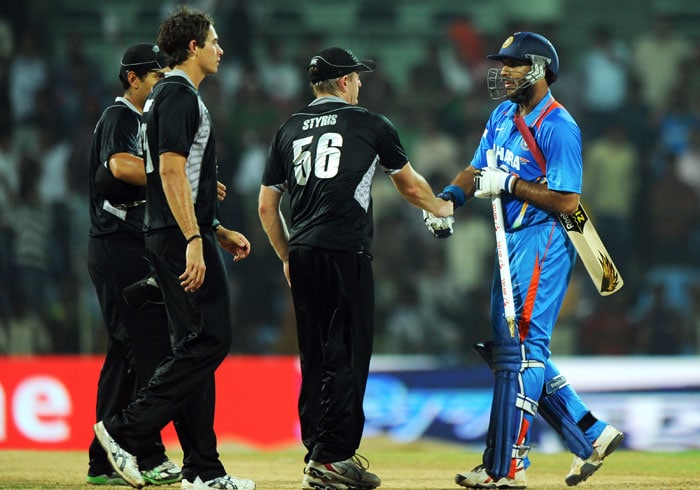 Scott Styris followed by his teammates congratulate Yuvraj Singh for winning the match against New Zealand during the final ODI between India and New Zealand at the M A Chidambarm Stadium in Chennai. Chasing a target of 104 runs to win India won the match by eight wickets and the five match ODI series 5-0. (AFP Photo) India sweep series 5-0