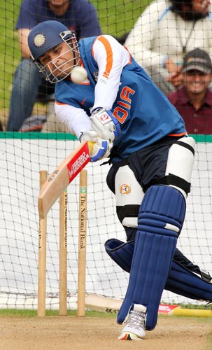Virender Sehwag lofts a ball away during training in Wellington on March 5, 2009. (AFP Photo) Team India in nets at Wellington