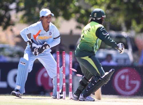 Sana Mir is stumped by Anagha Deshpande off the bowling of Gouher Sultana. (ICC) WWC: India vs Pakistan