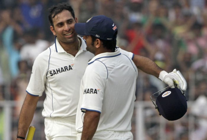 Mahendra Singh Dhoni (right) congratulate teammate VVS Laxman for scoring a century during the third day of the second Test match against South Africa in Kolkata on Tuesday. (AP Photo) India vs SA: 2nd Test, Day 3