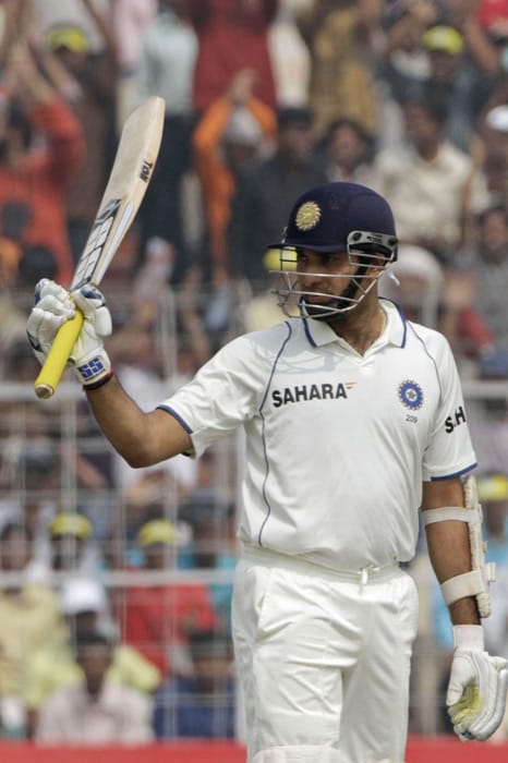 VVS Laxman acknowledges the crowd after scoring fifty runs during the third day of the second Test match against South Africa in Kolkata on Tuesday. (AP Photo) India vs SA: 2nd Test, Day 3