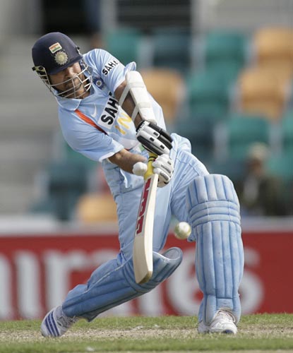 Sachin Tendulkar plays a shot during their tri-series One-Day International match against Sri Lanka in Hobart on Tuesday, February 26, 2008. India are chasing 180 runs for victory. 11th match - India vs Sri Lanka