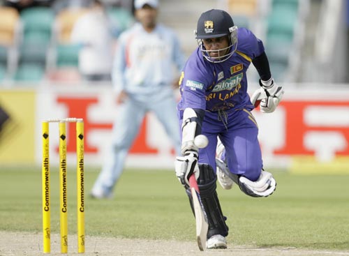 Jayasuriya runs between the wickets during their tri-Series One-Day International match against India in Hobart on Tuesday, February 26, 2008. 11th match - India vs Sri Lanka