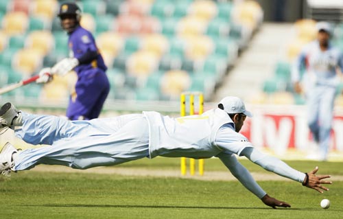 Yuvraj Singh dives for a catch during their tri-series One-Day International match against Sri Lanka in Hobart on Tuesday, February 26, 2008. 11th match - India vs Sri Lanka