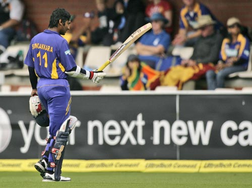 KC Sangakkara walks off the field after his wicket was taken by Praveen Kumar during their tri-Series One-Day International match in Hobart on Tuesday, February 26, 2008. 11th match - India vs Sri Lanka