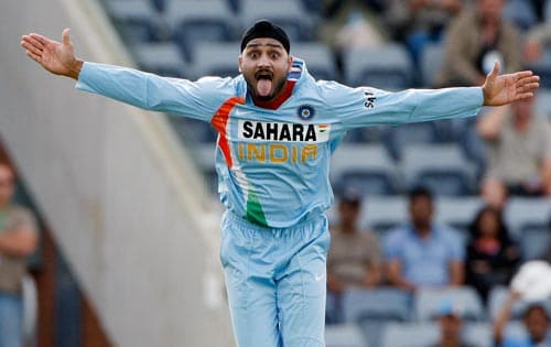 Harbhajan Singh reacts towards Sri Lankan supporters after taking a wicket during their One-Day cricket international in Canberra on Tuesday, February 12, 2008. 5th Match: India vs Sri Lanka