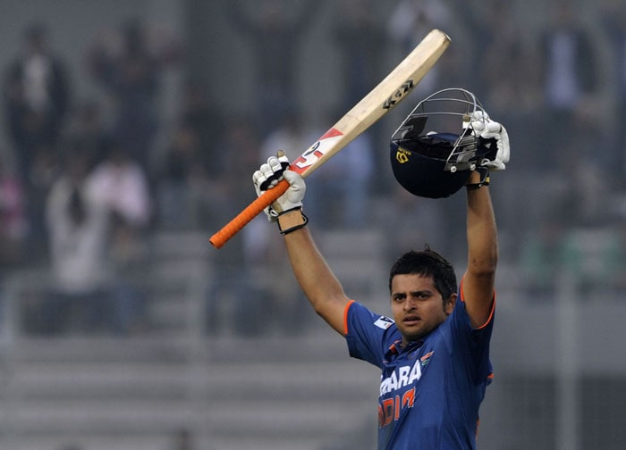 Suresh Raina acknowledges the crowd after scoring a century (hundred runs) during the tri-series final between India and Sri Lanka at the Sher-e Bangla National Stadium in Dhaka. (AFP Photo) Tri-series Final: India vs SL