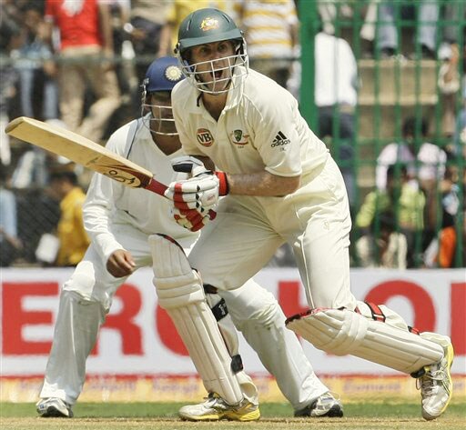 Simon Katich reacts as he plays a shot on the first day of the first Test between India and Australia in Bangalore. India vs Australia: 1st Test, Day 1