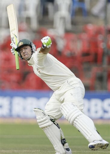 Ricky Ponting reacts after scoring a century on the first day of the first Test between India and Australia in Bangalore. India vs Australia: 1st Test, Day 1
