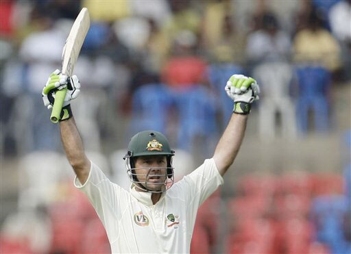 Ricky Ponting reacts after scoring a century on the first day of the first Test between India and Australia in Bangalore. India vs Australia: 1st Test, Day 1