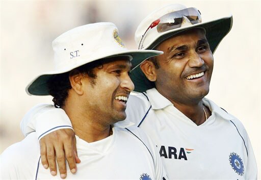 Sachin Tendulkar and Virender Sehwag return at the end of the fourth day's play of the second Test between India and Australia in Mohali. India vs Australia: 2nd Test, Day 4