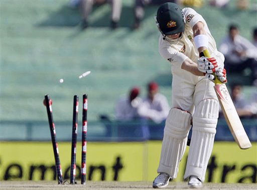 Brad Haddin clean-bowled during the final day of the second Test between India and Australia in Mohali. India vs Australia: 2nd Test, Day 5
