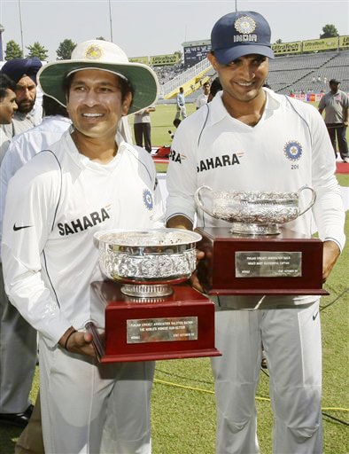 Sachin Tendulkar and Sourav Ganguly pose with their awards after India defeated Australia on the final day of the second Test between India and Australia in Mohali. India vs Australia: 2nd Test, Day 5
