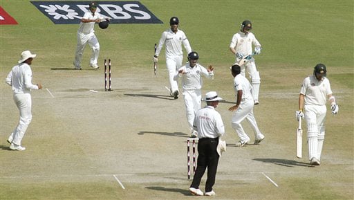 Indian players celebrate at the fall of the last Australian wicket during the final day of the second Test between India and Australia in Mohali. India vs Australia: 2nd Test, Day 5