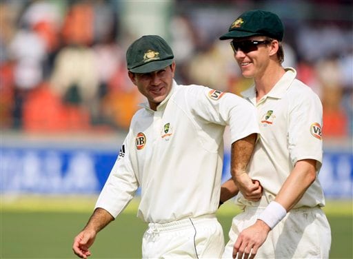 Brett Lee and captain Ricky Ponting share a lighter moment while returning for lunch during the first day of the third cricket Test match between India and Australia in New Delhi on Wednesday, October, 2008. India vs Australia: 3rd Test, Day 1