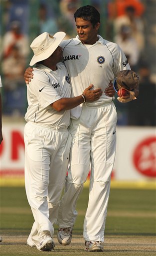 Anil Kumble is hugged by team mate Sachin Tendulkar on the final day of the third Test cricket match between India and Australia on Sunday, Nov. 2, 2008. Kumble, the third most successful bowler in Test history with 619 wickets, announced his retirement at the end of the third Test against Australia. India vs Australia: 3rd Test, Day 5