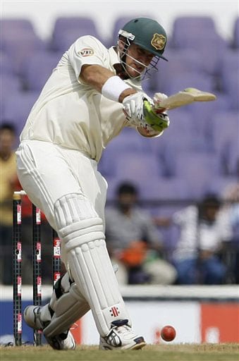 Matthew Hayden plays a shot on the fifth day of the final Test against India in Nagpur. India vs Australia: 4th Test, Day 5