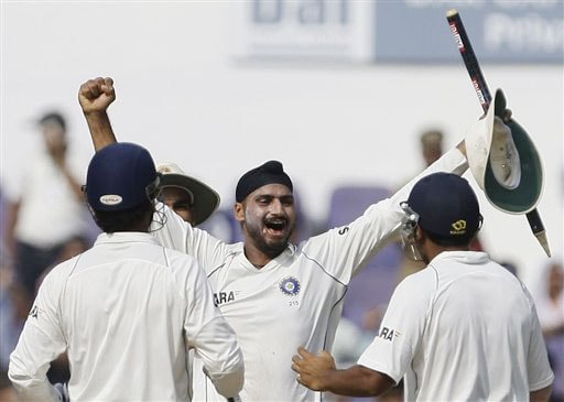 Harbhajan Singh holds a stump as he celebrates along with Indian captain Mahendra Singh Dhoni and Murali Vijay after India beat Australia in their final Test in Nagpur. Harbhajan and Amit Mishra combined for seven wickets as India handed Australia just its second series defeat in three years, completing a 172-run victory on Monday to reclaim the Border-Gavaskar trophy 2-0. India vs Australia: 4th Test, Day 5