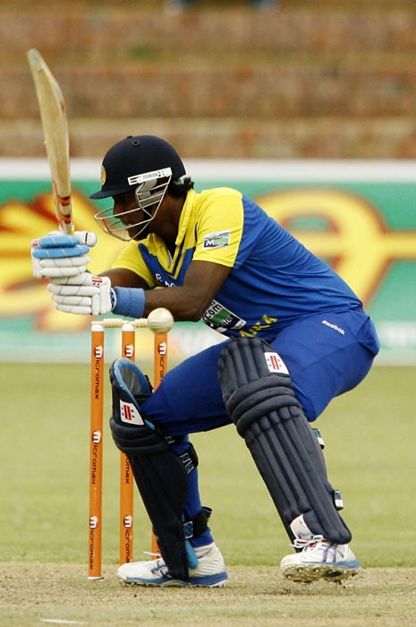 Sri Lankan batsman Angelo Mathews plays a shot in the second match of the Micromax Cup Triangular One-Day International series at Queens Sports club in Bulawayo . (AFP Photo) 2nd ODI: Ind vs Zim