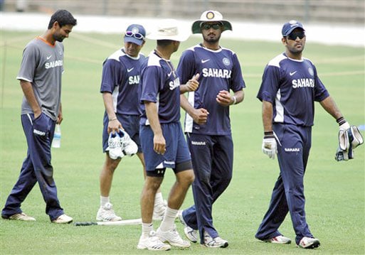 Mohammad Kaif, Sachin Tendulkar, Harbhajan Singh, and Mahendra Singh Dhoni are seen at a conditioning camp ahead of the Test series against Australia in Bangalore. (AP Photo) Indian players at conditioning camp