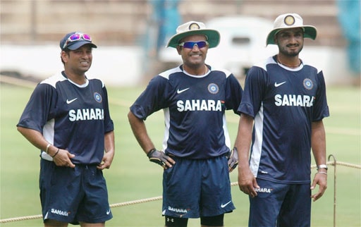 Sachin Tendulkar, Virender Sehwag and Harbhajan Singh on the first day of the training session, ahead of the Australian series, at Chinnaswamy Stadium in Bangalore. (PTI Photo) Indian players at conditioning camp