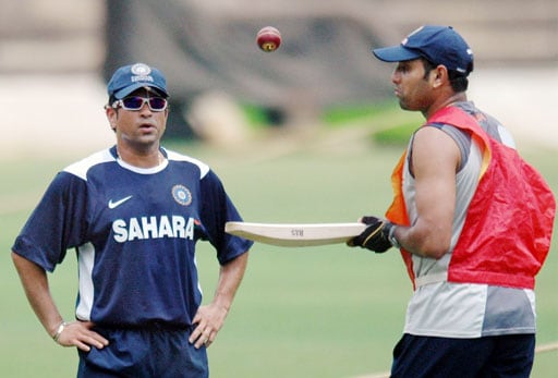 Sachin Tendulkar and VVS Laxman during a training session ahead of the Australian series at Chinnaswamy Stadium in Bangalore. (PTI Photo) Indian players at conditioning camp