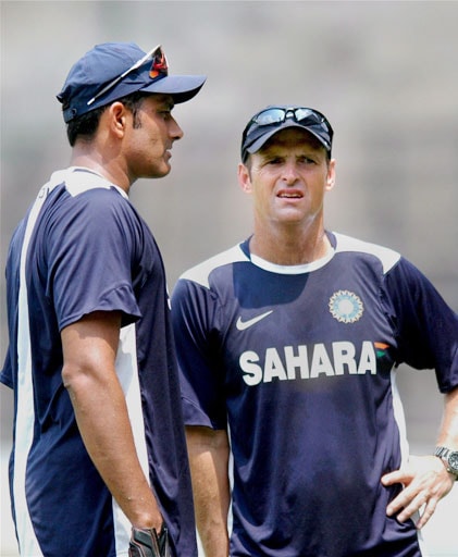 Indian skipper Anil Kumble with coach Gary Kirsten during a training session ahead of the Australian series at Chinnaswamy Stadium in Bangalore. (PTI Photo) Indian players at conditioning camp