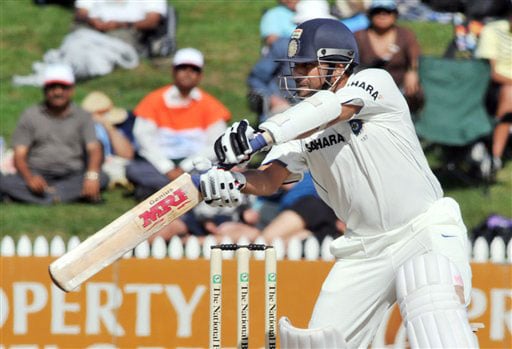 Sachin Tendulkar strokes the ball to the boundary against New Zealand on the second day of the first Test in Hamilton, New Zealand on March 19, 2009. (AP Photo) India vs NZ: 1st Test, Day 2