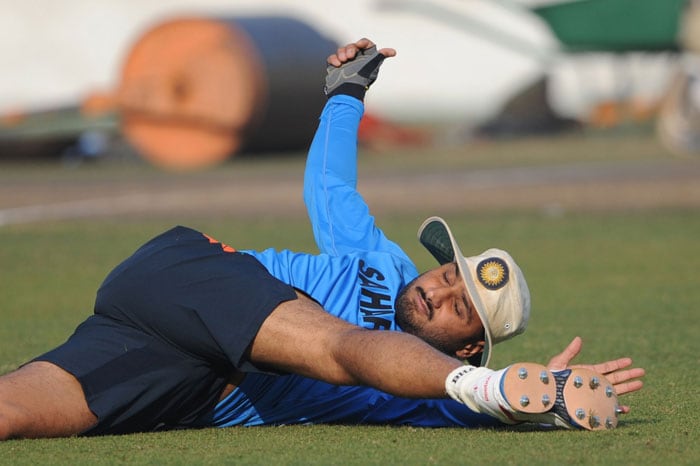 Harbhajan Singh stretches during a practice session at the Sher-e Bangla National Stadium in Dhaka. (AFP Photo) India sweat on Bangla soil