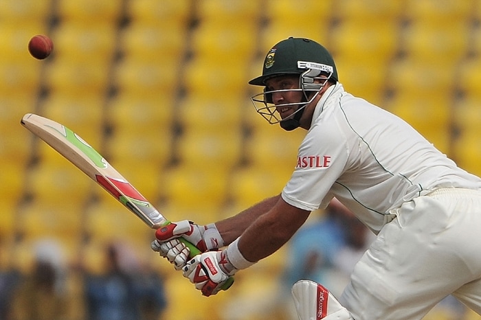 South African Jacques Kallis smacks one en-route to his unbeaten ton of 159 on the first day of the first cricket Test match between India and South Africa in Nagpur. (AFP Photo) India v SA: 1st Test, Day 1