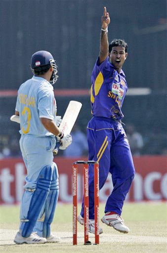 Nuwan Kulasekara celebrates the dismissal of Sachin Tendulkar during the second One-Day International between India and Sri Lanka in Colombo on January 31, 2009. 2nd ODI: India vs Sri Lanka