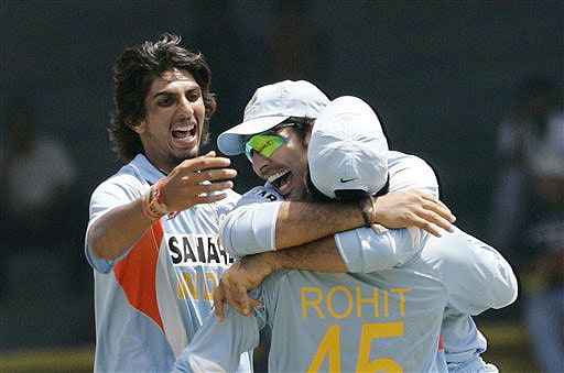 Ishant Sharma, Yuvraj Singh and Rohit Sharma celebrate the dismissal of Tillakaratne Dilshan during the fifth and final ODI of the five-match series between India and Sri Lanka in Colombo. 5th ODI: India vs Sri Lanka