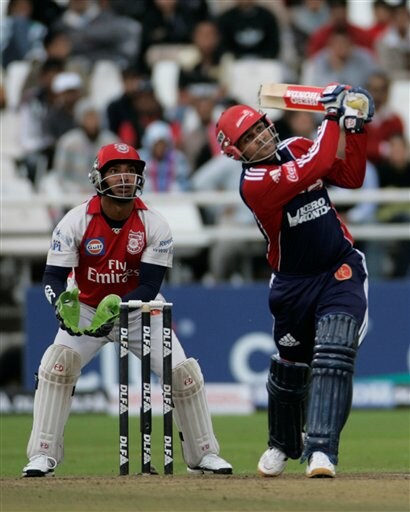 Virender Sehwag hits the ball during the game against Kings XI Punjab at the Indian Premier League Twenty20 cricket match in Cape Town on Sunday, April 19, 2009. (AP Photo) Match 3: MOH vs DEL