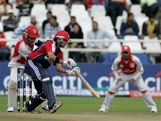 Delhi Daredevils Gautam Gambhir hits the ball during the game against Kings XI Punjab at the Indian Premier League Twenty20 cricket match in Cape Town on Sunday, April 19, 2009. (AP Photo) Match 3: MOH vs DEL