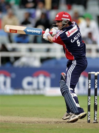 Delhi Daredevils Gautam Gambhir hits the ball during the game against Kings XI Punjab at the Indian Premier League Twenty20 cricket match in Cape Town on Sunday, April 19, 2009. (AP Photo) Match 3: MOH vs DEL