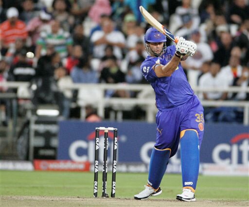 Tyron Henderson hits the ball during a game against the Bangalore Royal Challengers at the Indian Premier League Twenty20 match in Cape Town. (AP Photo) Match 2: JAI vs BLR