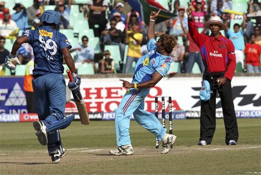 Lasith Malinga celebrates the dismissal of Ravi Teja during the Indian Premier League match between Mumbai Indians and Deccan Chargers in Durban. (AP Photo) Match 12: HYD vs MUM